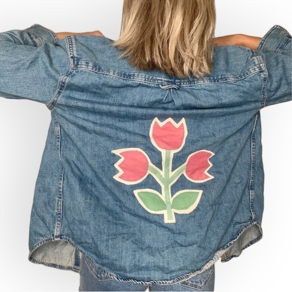 Unique Tulip Patchwork Flower Bouquet Oversized Slouchy Denim Jean Jacket - Picture 3 of 7